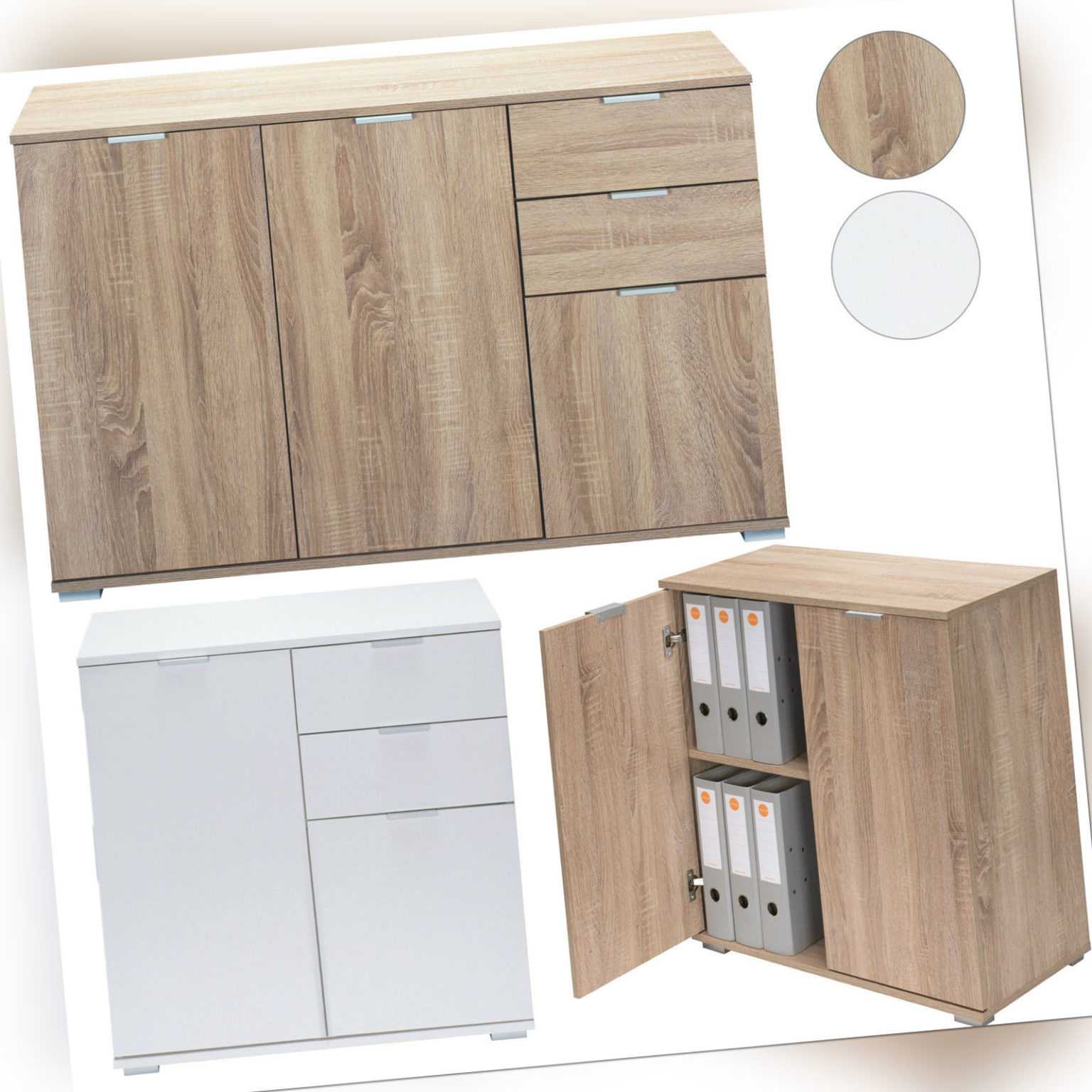 DEUBA® Sideboard Kommode Mehrzweckschrank Schubladen Holz Flur Eiche Weiß Matt