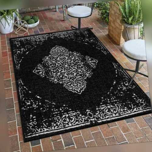 Outdoor Teppich Vintage Design Schwarz Flachgewebe Küchenteppich Balkon Terrasse