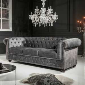 Chesterfield 3er Sofa 205cm grau Samt mit Knopfheftung und Federkern Couch