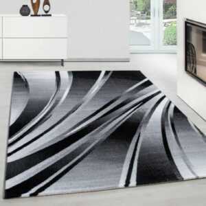 Modern Wohnzimmer Teppich Abstrakt Wellen Design Schwarz-Grau-Weiß Pflegeleicht