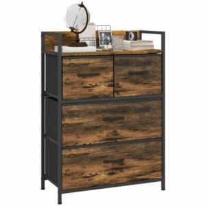 Kommode, Sideboard mit 4 Faltbaren Schubladen aus Stoff, Regal und Griff Braun