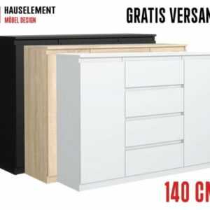 Kommode mit 4 Schubladen 2 Schränke 140 cm Sideboard Anrichte weiß schwarz holz