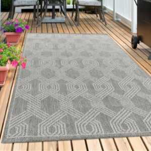 Outdoor Teppich Grau, Geometrisch Design Wetterfest für Terrasse, Balkon, Garten
