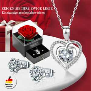 Ewige Echte Rose mit Herz Halskette und Ohrringe 925 Sterlingsilber Geschenkbox!