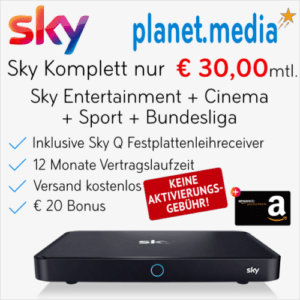 Sky Abo Komplett nur € 30,00 mtl. + Sky Q Receiver und € 20 Bonus