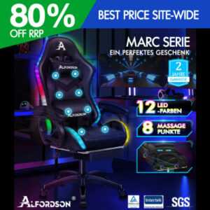 ALFORDSON Gaming Stuhl mit 8-Punkt Massage 12 Farben RGB LED-Licht Schwarz