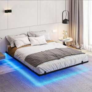 Schwebebett Doppelbett LED Bettgestell mit Lattenrost