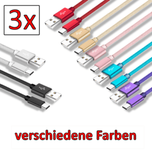 3x Ladekabel 1m USB Typ C Schnell Datenkabel für Samsung Huawei Color Mix
