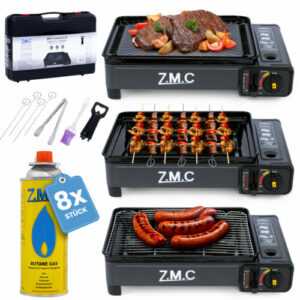 ZMC Gas Kocher Campingkocher + Grillplatte Gasgrill Outdoor + 8x Gaskartuschen