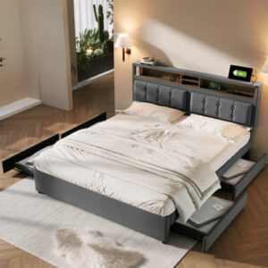 Doppelbett 140x200 cm mit Bettkasten und Lattenrost Polsterbett Steckdose Grau