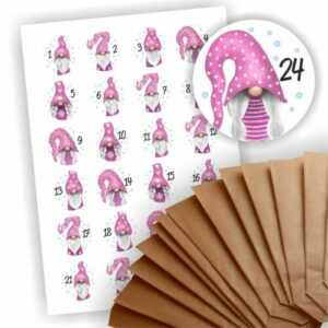 Adventskalender zum Befüllen 24 Geschenktüten + 24 Aufkleber Papier Wichtel Rosa