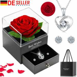 Ewige Echte Rose mit Herz Halskette und Ohrringe Schmuck Geschenkbox Rosenbox