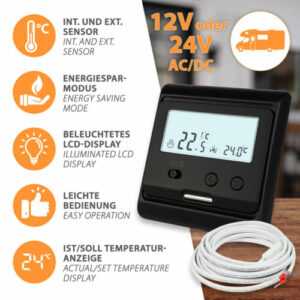 12V 24V Thermostat Temperaturregler schwarz Wohnwagen Fußbodenheizung Wohnmobil