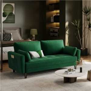Zweisitzer Sofa Loveseat aus Samtstoff Polstersofa mit Kissen und Armlehnen Grün