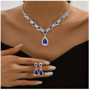 Halskette Halsband & Ohrringe Set Damen Mädchen Blau Silber Strass Geschenk Neu