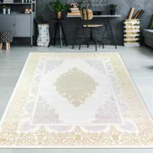 Designer Teppich mit Orientalischem Muster in weiß gold grau