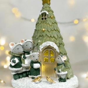 Clayre & Eef Weihnachtsdeko Mäuse Familie Tannenbaum Grün LED Beleuchtung 17cm