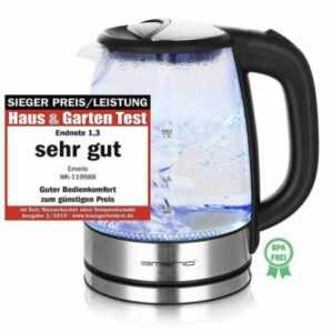 Glas-Wasserkocher 1,7 Liter Emerio WK-119988 kabellos 2200W Kalkfilter blaue LED