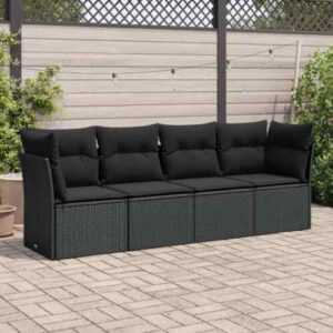 4-tlg. Garten-Sofagarnitur mit Kissen Schwarz Poly Rattan