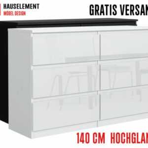 Kommode mit 6 Schubladen Sideboard Anrichte Highboard 140 cm weiß hochglanz