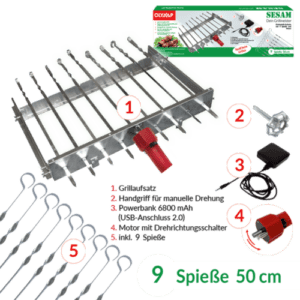 Schaschlik Spießdreher Edelstahl Sesam für 9 Spieße Motor Powerbank USB Spieße