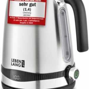 LEBENLANG Wasserkocher Edelstahl - 1.7 liters & 2200W I  Mit temperaturwahl