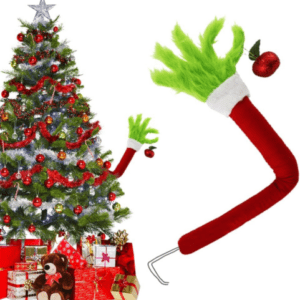 Grinch Arm Weihnachtsdeko: Hand als Baumschmuck für festliche Weihnachten.