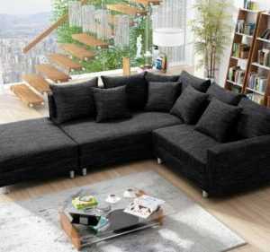 Wohnlandschaft Sofa Couch Ecksofa Eckcouch Gewebestoff schwarz + Hocker Minsk L