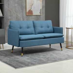 HOMCOM 2 Sitzer Sofa, Couch mit Dickem Kissen, Leinenoptik und Stahlbeine Blau