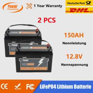 PowMr 2PCS 12.8V 150Ah LiFePO4 Akku Lithium Batterie Wohnmobil Solarbatterie