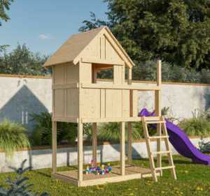 Kinderspielhaus Spielturm Stelzenhaus Rutsche Garten Holz Frieda natur Karibu