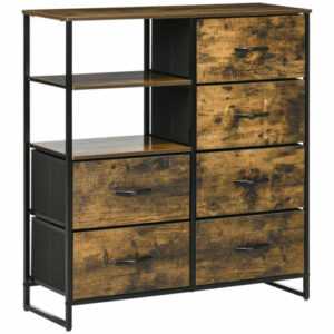 Kommode, Sideboard mit 6 Stoff-Faltbaren Schubladen, 2 Regale, Rustikal-Braun