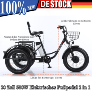 Elektro Dreirad E-Bike 20 Zoll 3 Räder Fahrrad  500W Cargo Trike mit Korb DE