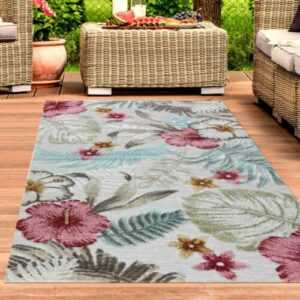 Teppich Outdoor Wohnzimmer Blumen Muster 3d-effekt creme grau bunt