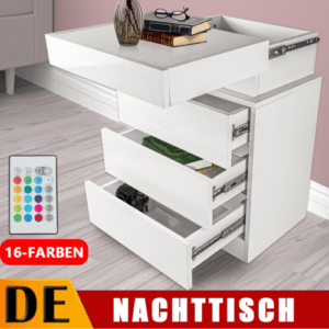 LED RGB Hochglanz Holz Nachtschrank Kommode Nachttisch Nachtkonsole Schubladen