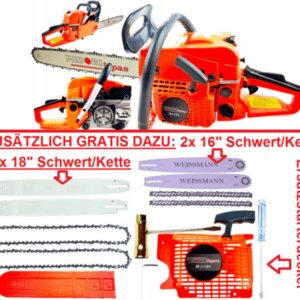 Benzin Kettensäge 6,0 PS mit 2x18"Schwert/Kette + 2x 16"Schwert/Kette und v.mehr