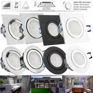 LED Bad Einbaustrahler Set IP44 230V 5W 110° dimmbar flach 35mm Feuchtraum MAR44