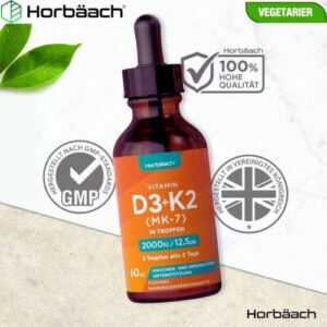 Vitamin D3 + K2 Tropfen 60 ml – Vegan, 2.000 I.E., 99,7% All Trans MK7