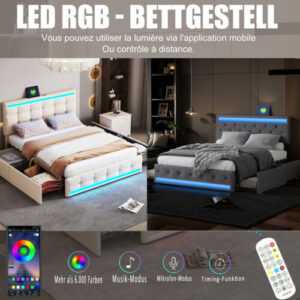 Polsterbett Doppelbett 140x200 Stauraumbett mit 4 Schubladen LED Licht &USB-Port