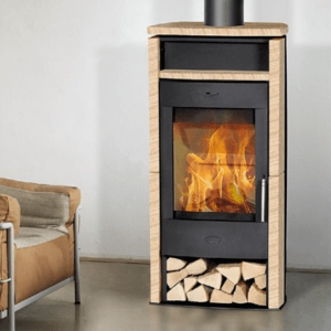 Fireplace Santiago Kaminofen Stahl Schwarz Sandstein 6 kW Holzfach Ofen