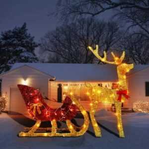 Beleuchtetes Weihnachtsdekorationsset mit Rentier und Schlitten für Außen