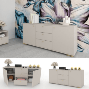 Kommode mit Schubladen und 2 Türen Schrank Sideboard Beige/Cashmere mit Gold 150