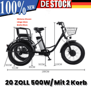 500W Elektro Dreirad E-Bike 20 Zoll 3 Räder Fahrrad Cargo Trike Mit Korb Neu