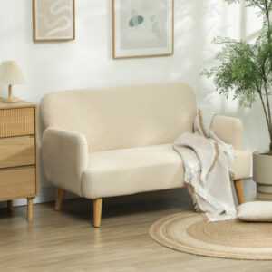 HOMCOM 2 Sitzer Sofa, Kleine Couch mit Samtoptik, Holzbeine für Wohnzimmer Creme