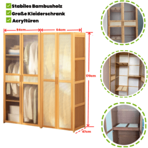 Kleiderschrank Kleiderstangen Bambus Schrank Garderobenständer  mit 2 Tür