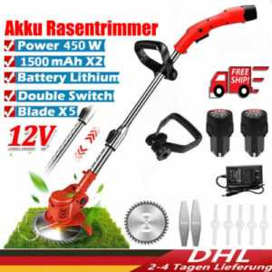 12V 450W Akku-Rasentrimmer mit 2 Akkus Motorsense Freischneider Kantenschneider