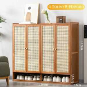 Schuhschrank Rattan mit 4 Türen 8 Ebenen mit Verstellbaren Schuhregal Sideboard