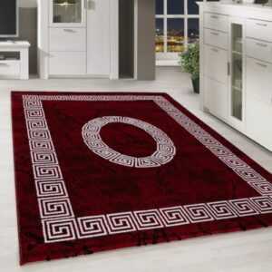 Kurzflor Design Teppich Griechisches Ornament Muster Troja Rot Schwarz Meliert