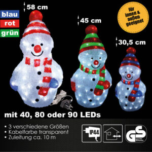 Weihnachtsfigur Acryl Schneemann 31/45/58cm beleuchtet Weihnachtsdeko Farbwahl