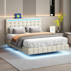 Polsterbett Doppelbett 140x200 LED Schwebebett Bettgestell mit Lattenrost Beige